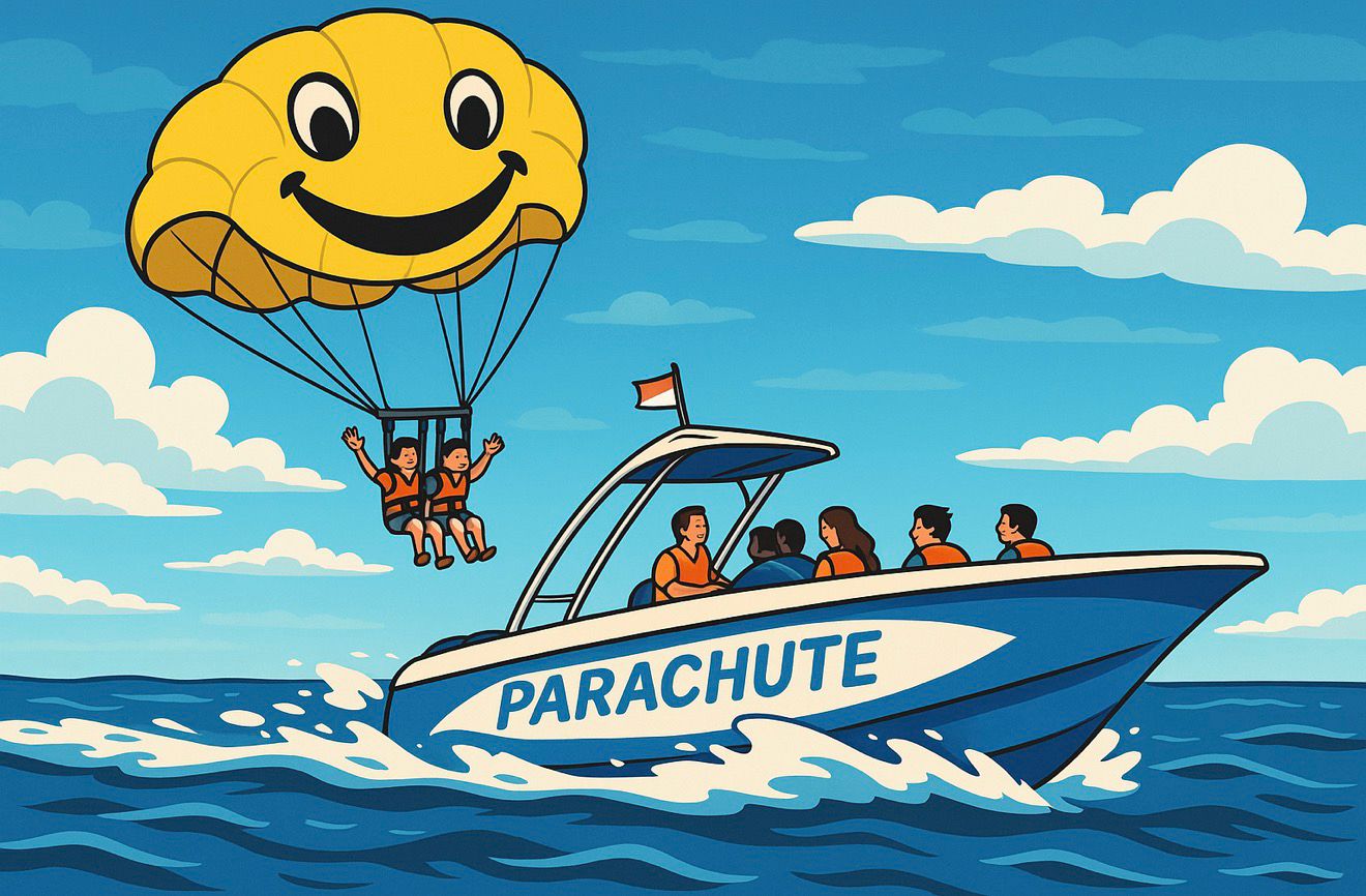 Parachute ascensionnel jaune souriant tracté par un bateau aux Sables d'Olonne